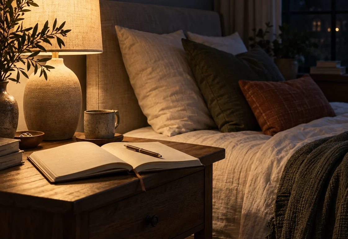 Warm bedroom at night with a bedside table